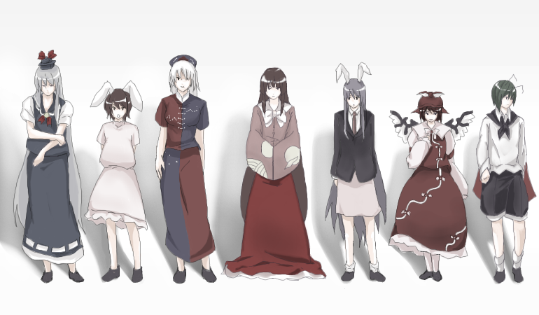 kajiki, houraisan kaguya, inaba tewi, kamishirasawa keine, mystia lorelei, reisen udongein inaba, wriggle nightbug, yagokoro eirin, ghost in the shell, ghost in the shell: stand alone complex, touhou, 6+girls, animal ears, antennae, dress, female focus, full body, ghost in the shell lineup, hat, lineup, multiple girls, oekaki, parody, rabbit ears, skirt, white background