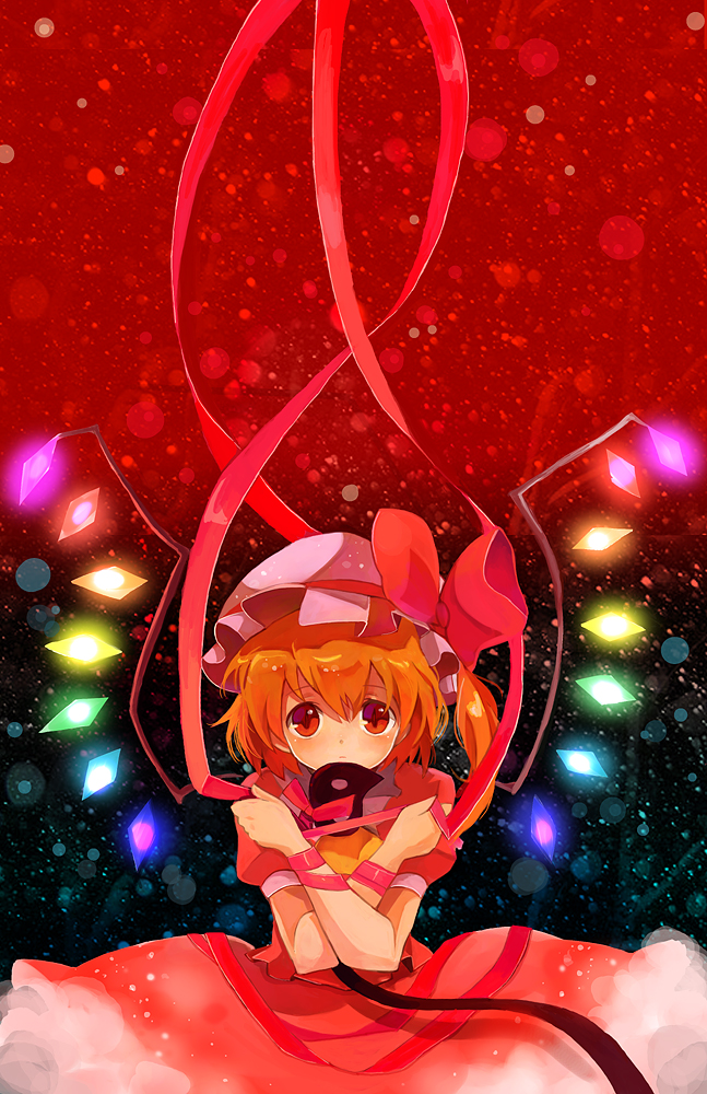 kitsuta, kizuta, flandre scarlet, touhou, bad id, bad pixiv id, 1girl, adapted costume, blouse, bonnet, dress, female focus, gradient background, hair between eyes, hat, mob cap, red background, red eyes, red shirt, ribbon, shirt, solo, white hat, wings