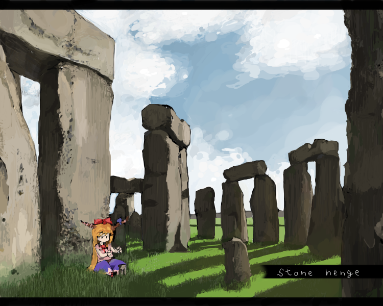 cusui, ibuki suika, touhou, bad id, 1girl, blue ribbon, bow, cloud, cloudy sky, day, english text, female focus, grass, hair bow, horn ornament, horn ribbon, horns, letterboxed, long hair, orange hair, outdoors, red bow, ribbon, rock, shadow, sitting, sky, solo, stonehenge