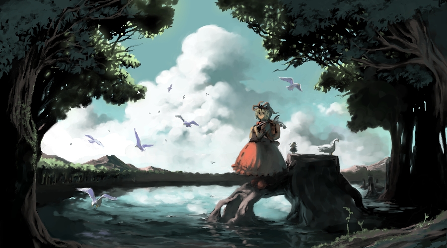 medicine melancholy, su-san, touhou, 2girls, bird, cloud, day, female focus, multiple girls, nature, outdoors, plant, reflection, scenery, sky, standing, tree, water