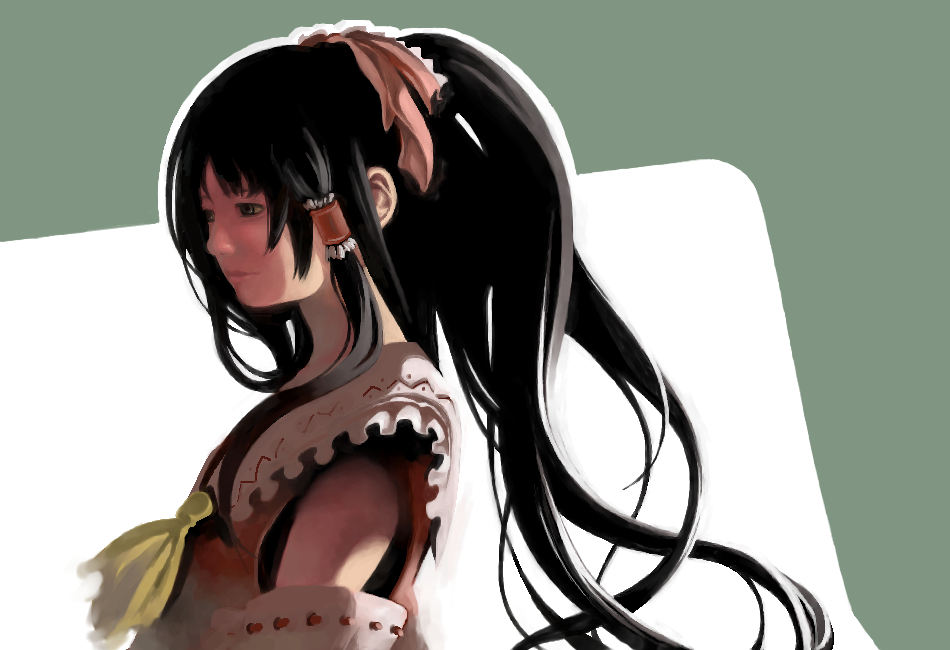 hakurei reimu, touhou, 1girl, ascot, bare shoulders, black hair, collar, detached sleeves, female focus, from side, hair ribbon, long hair, long sleeves, looking to the side, ponytail, profile, ribbon, ribbon-trimmed sleeves, ribbon trim, sidelocks, solo, upper body, wavy hair