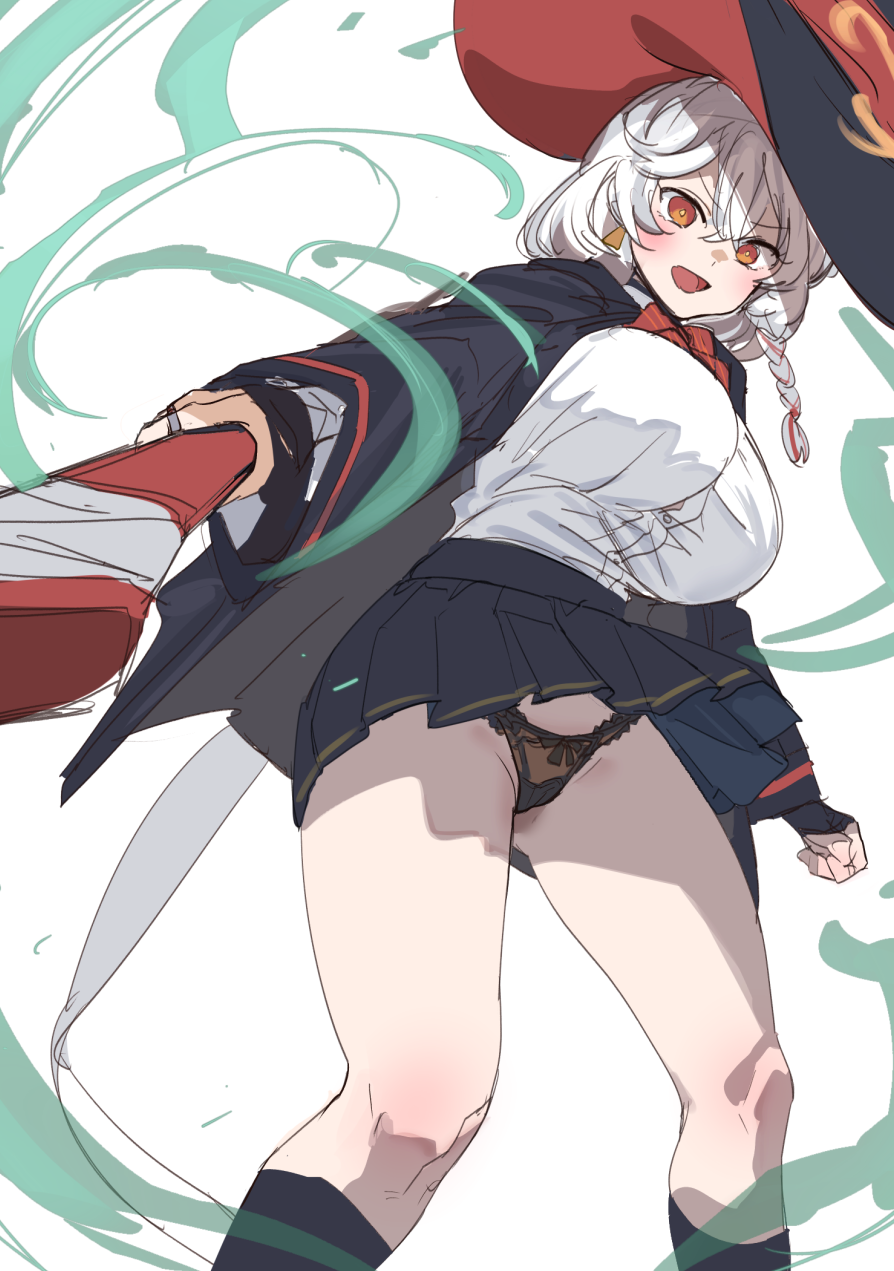 bow (bhp), eri (blue archive), blue archive, commentary request, highres, 1girl, black jacket, black skirt, braid, breasts, brown panties, button gap, halo, hat, jacket, large breasts, long sleeves, looking at viewer, open mouth, orange eyes, orange halo, panties, pleated skirt, single braid, skirt, solo, standing, underwear, white background, white hair, witch hat