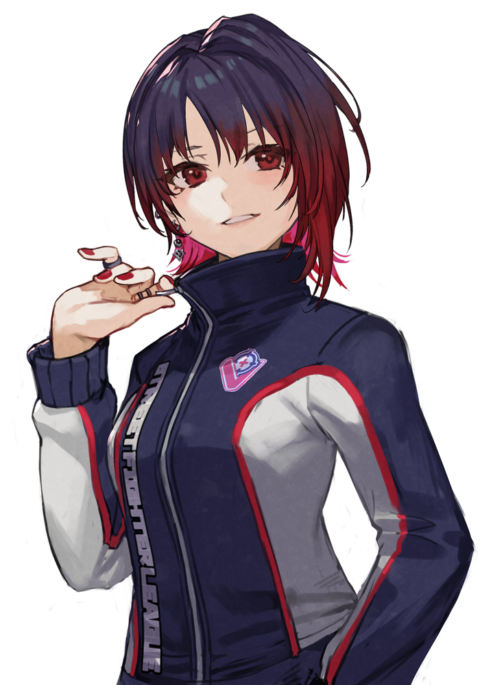 hungry clicker, character request, copyright request, 1girl, blue hair, earrings, jacket, jewelry, looking at viewer, multicolored hair, nail polish, red eyes, red hair, simple background, smile, solo, white background, zipper pull tab