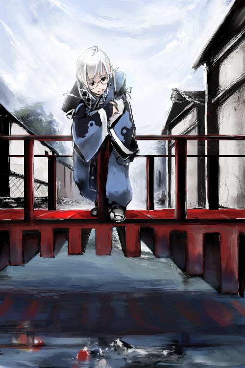 enpou, koi (koisan), morichika rinnosuke, curiosities of lotus asia, touhou, 1boy, ahoge, bridge, dotfight, glasses, male focus, solo