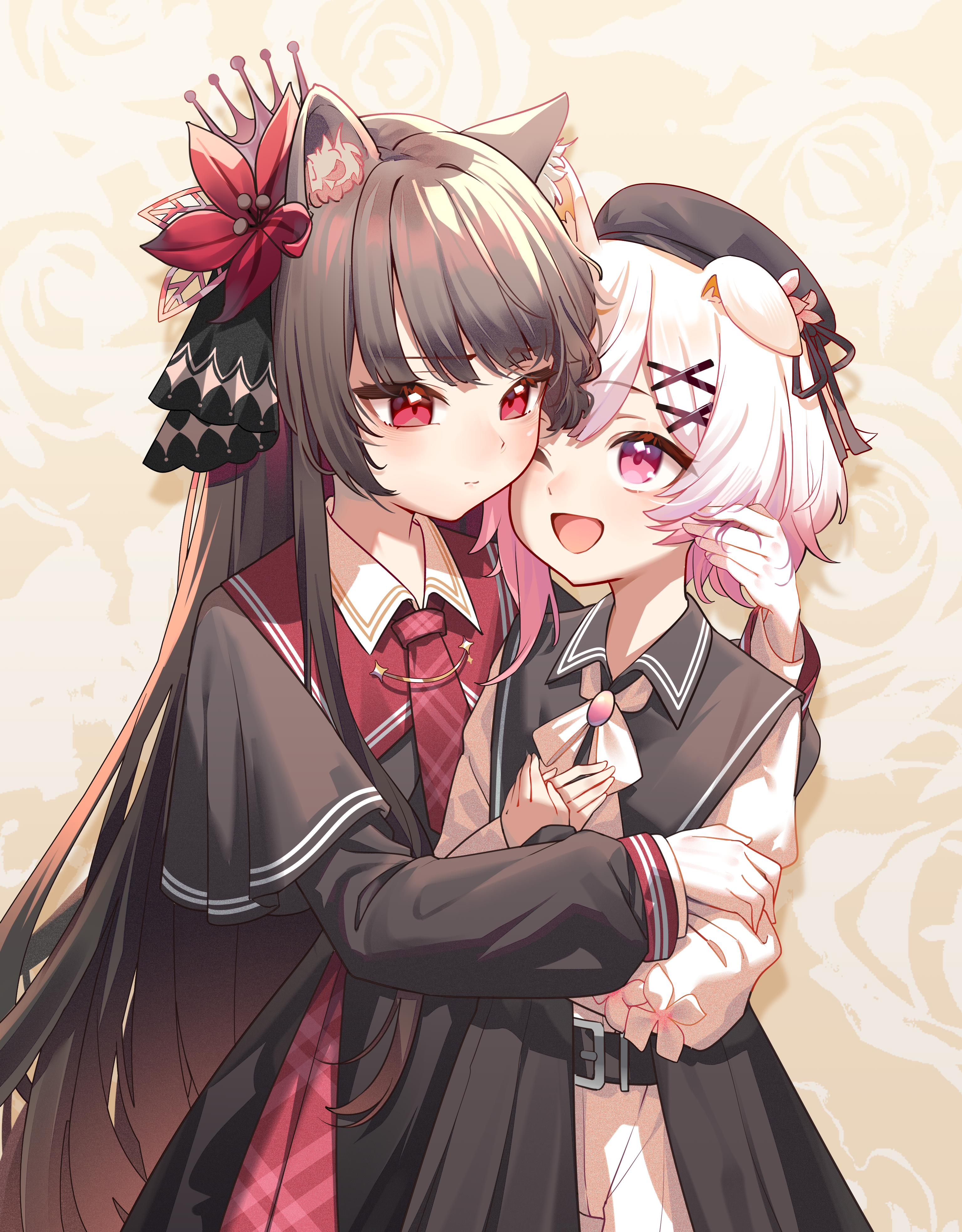 yao unripe, nikaidou hiro, sakuraba ema, mahou shoujo no majo saiban, absurdres, chinese commentary, commentary request, highres, 2girls, animal ear fluff, animal ears, beret, black capelet, black hair, black hat, capelet, cat ears, closed mouth, cowboy shot, crown, dog ears, flower, gradient hair, hair flower, hair ornament, hairclip, hat, hug, kemonomimi mode, long hair, long sleeves, looking at another, magical girl, multicolored hair, multiple girls, necktie, one eye closed, open mouth, pink eyes, pink hair, red eyes, red flower, red necktie, short hair, smile, standing, white hair, x hair ornament