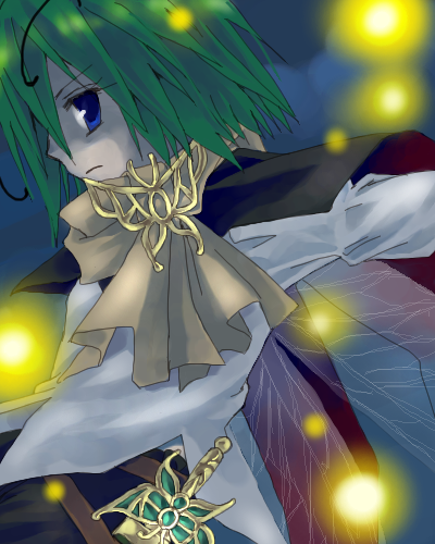 asahina, wriggle nightbug, touhou, lowres, 1girl, alternate costume, antennae, blouse, bug, female focus, fireflies, firefly, frown, insect, insect wings, shirt, solo, white shirt, wings