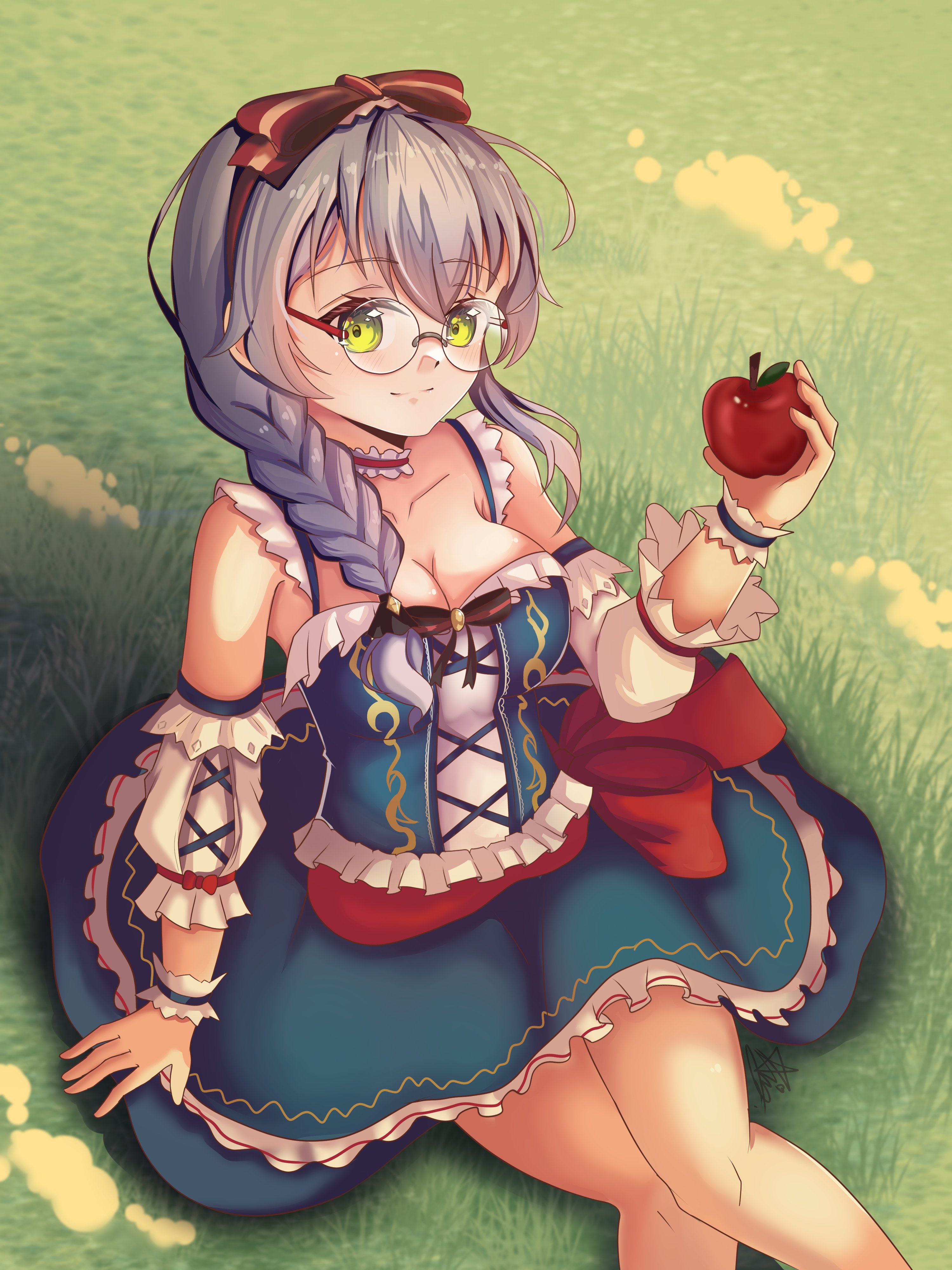 h ans (hmn anz), izumi yuki (heaven burns red), snow white (disney), heaven burns red, absurdres, highres, 1girl, apple, blue dress, bow, braid, cosplay, dress, food, fruit, glasses, green eyes, grey hair, hair bow, hair ornament, hair over one eye, hair over shoulder, long hair, low-tied long hair, puffy short sleeves, puffy sleeves, red bow, round eyewear, short sleeves, snow white (disney) (cosplay), solo