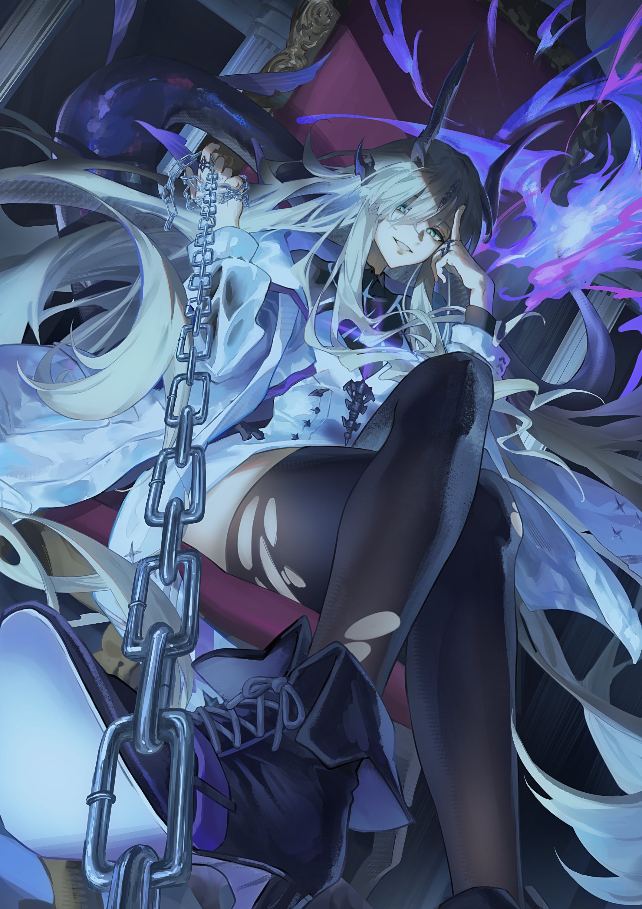 myluche, necrass (arknights), arknights, absurdres, commentary request, highres, 1girl, black horns, black thighhighs, boots, chain, closed mouth, crossed legs, dragon girl, dragon horns, dragon tail, fire, flame-tipped tail, glowing, green eyes, grey hair, hair between eyes, high heels, horns, jewelry, leash, long hair, long sleeves, looking at viewer, multiple rings, parted lips, pov, ring, sitting, solo, tail, thighhighs, torn clothes, torn thighhighs, very long hair, viewer on leash