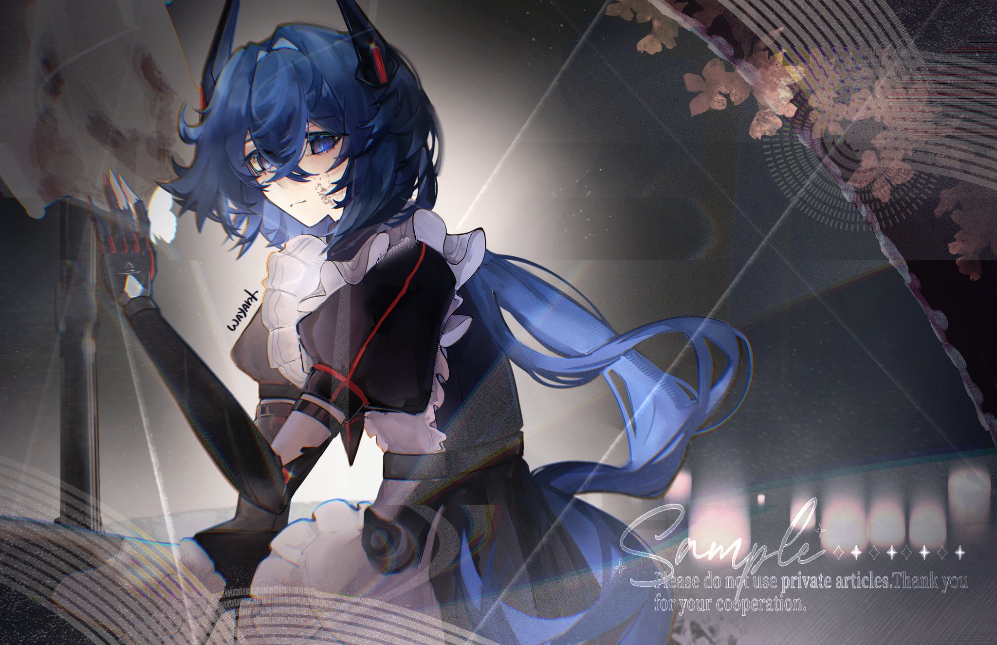 wayart akk, punishing: gray raven, character request, highres, apron, black dress, blue eyes, blue hair, dress, headgear, long hair, maid, maid apron, mechanical arms, ponytail, sample watermark, very long hair, watermark, white apron