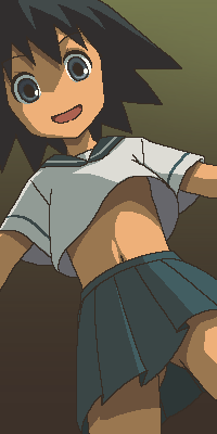 awa, sekiutsu maria tarou, sayonara zetsubou sensei, lowres, 00s, 1girl, black hair, blue sailor collar, blue skirt, dark-skinned female, dark skin, female focus, gluteal fold, gradient background, grey eyes, jaggy lines, looking at viewer, midriff, miniskirt, no bra, no panties, oekaki, open mouth, sailor collar, school uniform, serafuku, short hair, short sleeves, skirt, solo