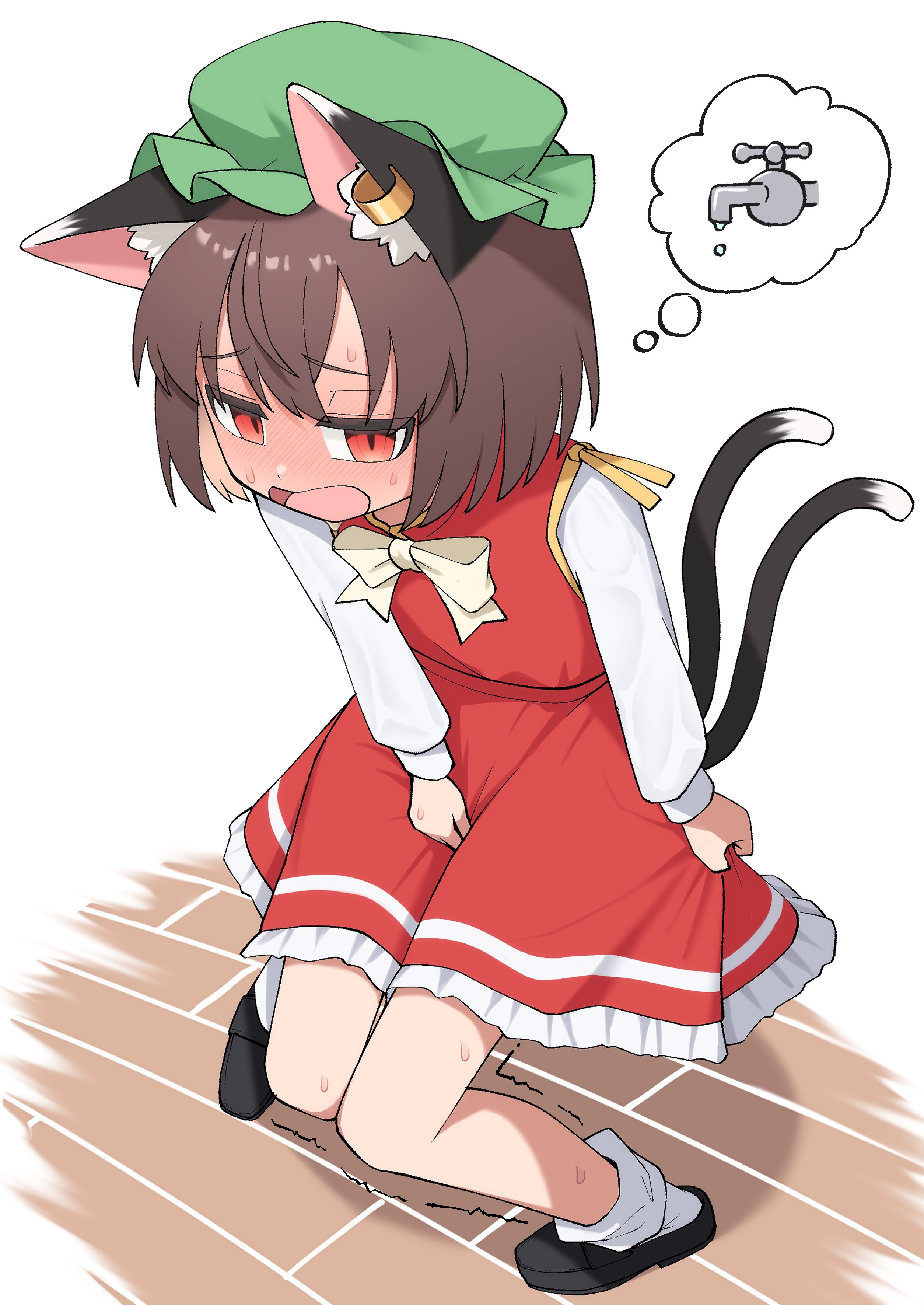 asakura haru, chen, touhou, absurdres, commentary request, highres, 1girl, animal ear fluff, animal ear piercing, animal ears, arm at side, between legs, blush, bow, bowtie, brown hair, cat ears, cat tail, clothes grab, dot nose, double-parted bangs, earrings, embarrassed, flat chest, frills, from above, full-face blush, full body, gold trim, green hat, half-closed eyes, hand between legs, hat, have to pee, jewelry, knees together feet apart, long sleeves, mob cap, multiple tails, open mouth, petticoat, pigeon-toed, puffy long sleeves, puffy sleeves, red eyes, red skirt, red vest, short hair, simple background, single earring, skirt, skirt grab, skirt set, slit pupils, solo, spoken object, sweat, tail, trembling, two tails, vest, white background, white bow, white bowtie, wooden floor