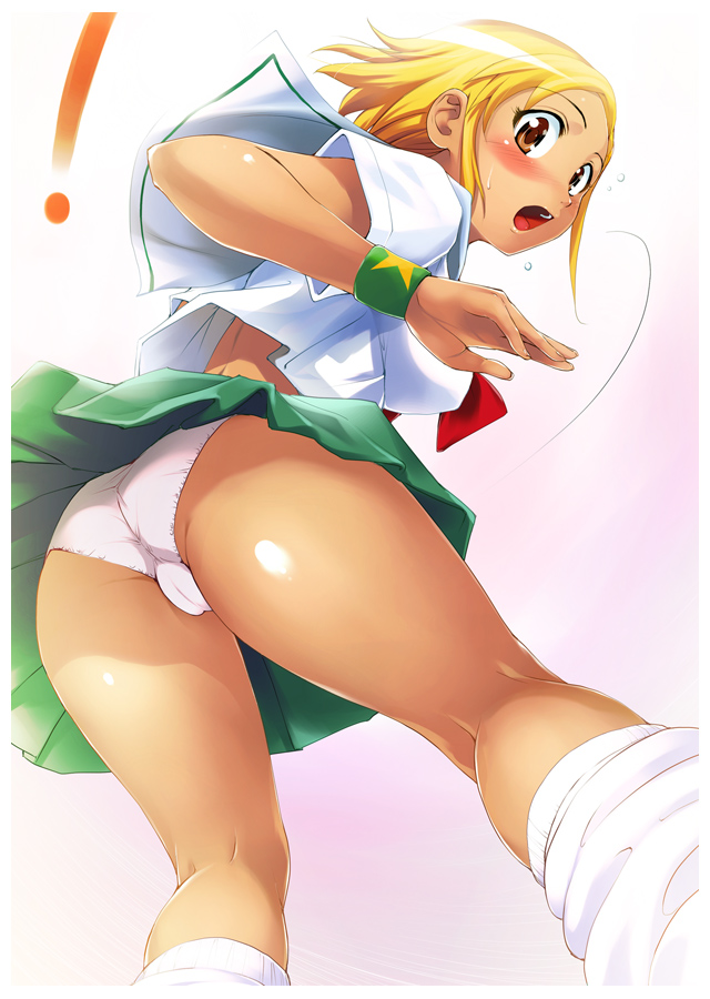 shinozuka jouji, angol mois, keroro gunsou, bad id, bad pixiv id, 1girl, ass, blonde hair, blush, brown eyes, cameltoe, dark-skinned female, dark skin, female focus, from below, gyaru, kneepits, kogal, legs, looking back, loose socks, miniskirt, panties, pantyshot, pleated skirt, school uniform, serafuku, short hair, skirt, socks, solo, thighs, trefoil, underwear, upskirt, white panties, white socks, wind, wind lift, wristband
