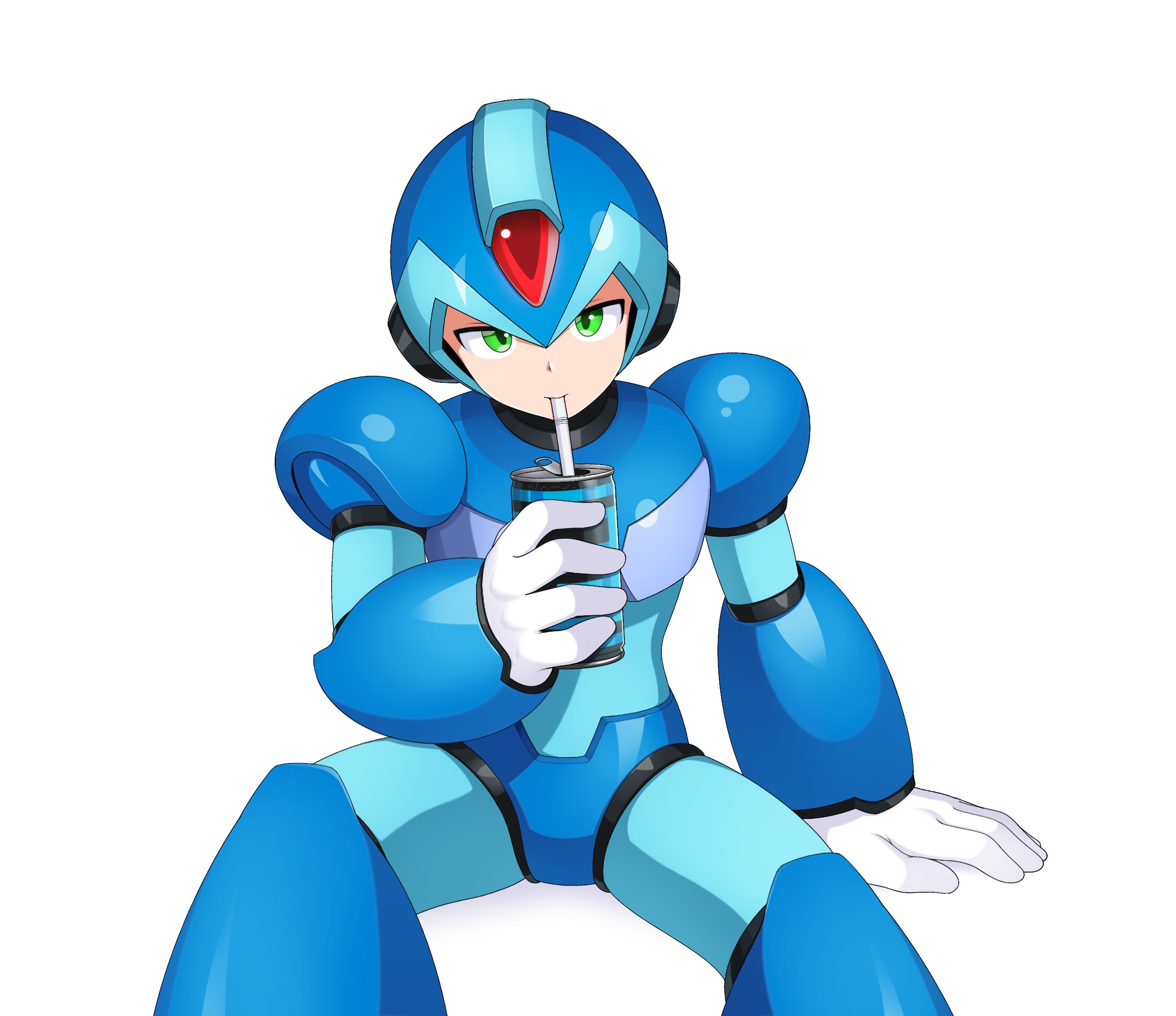 jwc vevo, x (mega man), mega man (series), mega man x (series), highres, 1boy, armor, blue armor, blue helmet, drinking, forehead jewel, green eyes, helmet, invisible chair, simple background, sitting, solo, white background