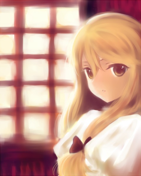 seta (monyun), kirisame marisa, touhou, bad id, bad pixiv id, 1girl, blonde hair, bow, eyelashes, female focus, hair bow, no headwear, solo, window, yellow eyes