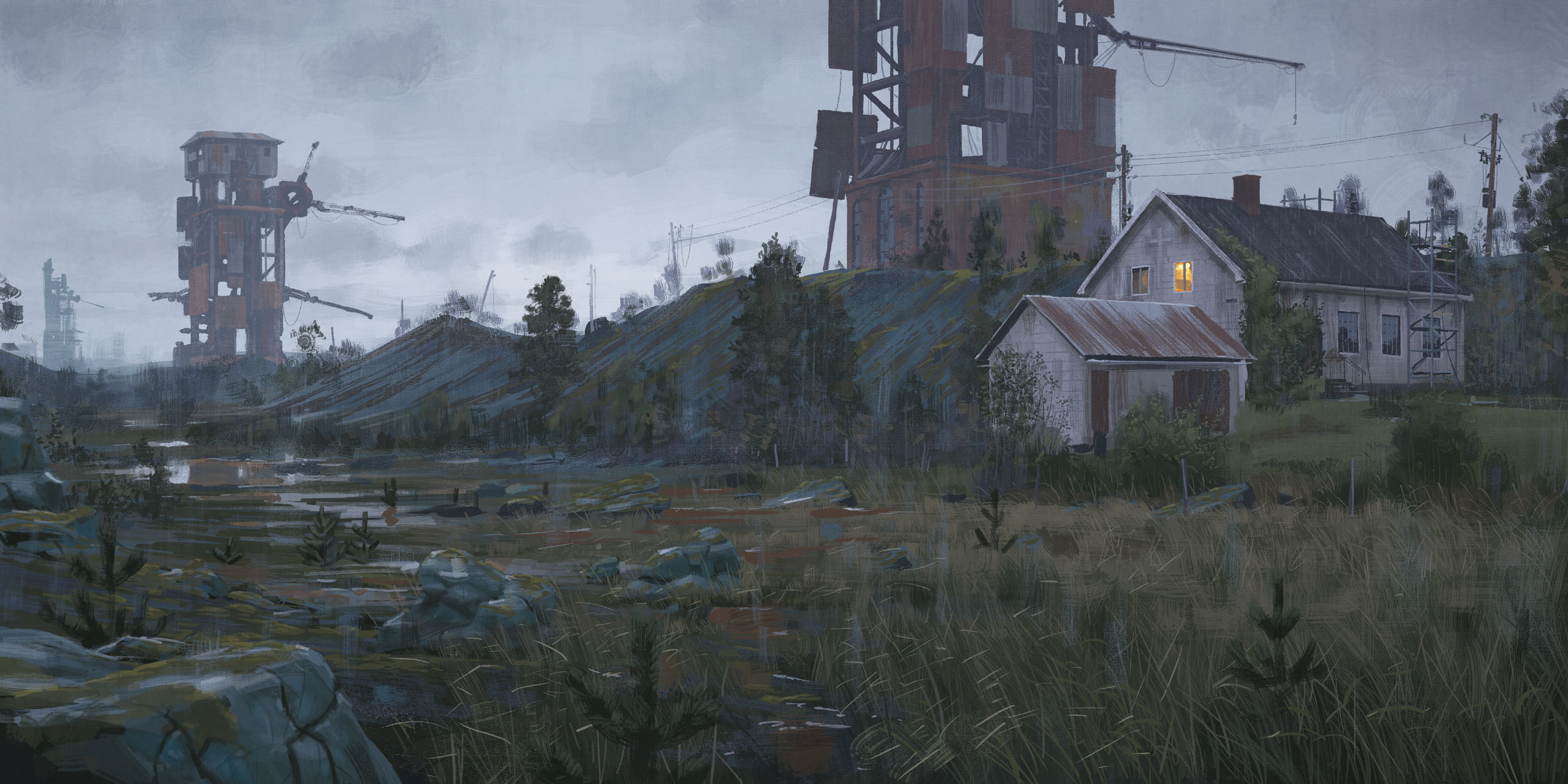 simon stalenhag, highres, architecture, building, crane (machine), cross, dilapidated, grass, latin cross, moss, no humans, outdoors, power lines, rain, reflection, reflective water, rock, scaffolding, science fiction, sky, things from the flood, tower, utility pole, water, window