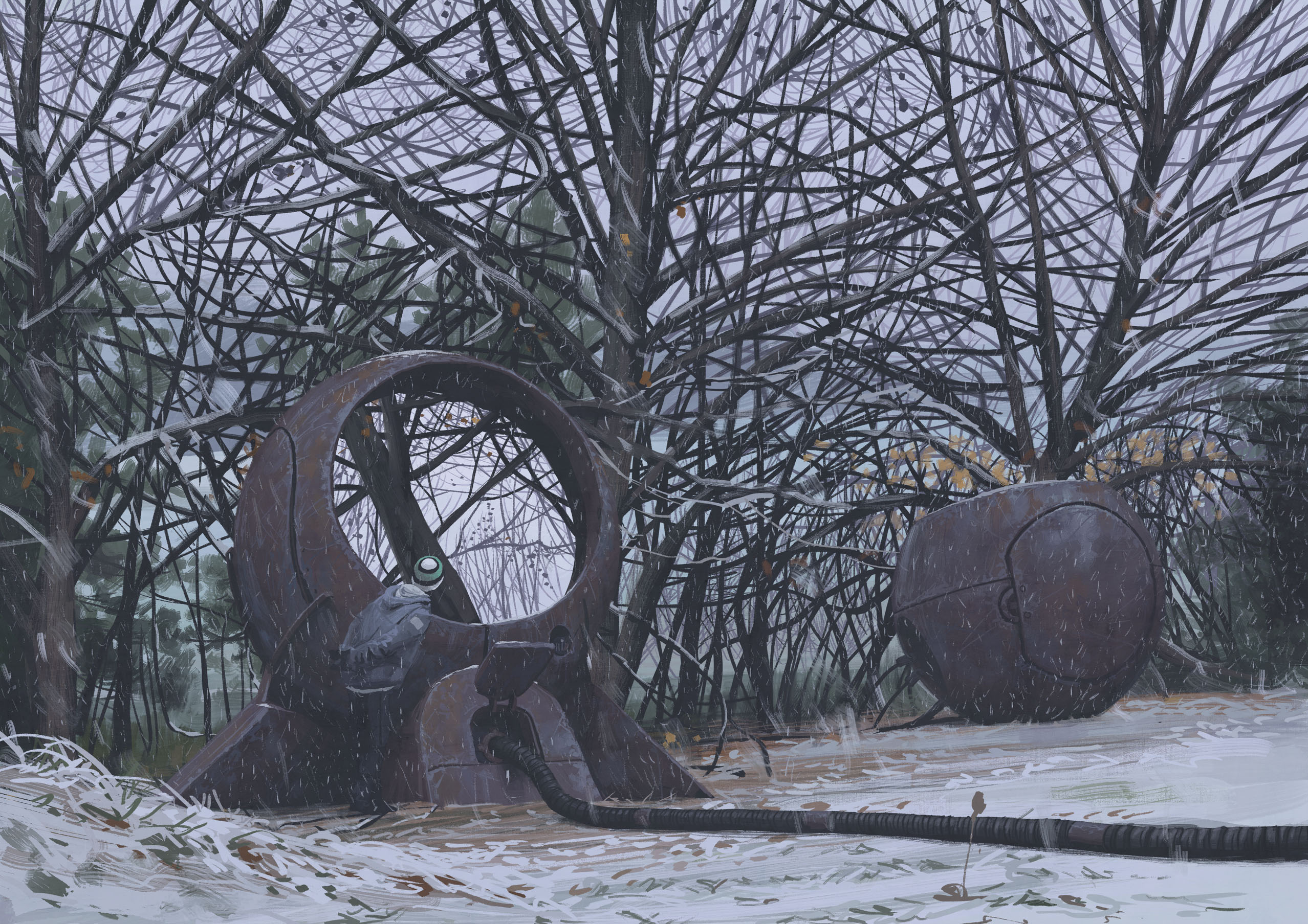 simon stalenhag, highres, 1boy, bare tree, beanie, black pants, blue hoodie, cable, hat, hood, hood down, hoodie, outdoors, pants, science fiction, snow, snowing, standing, things from the flood, tree