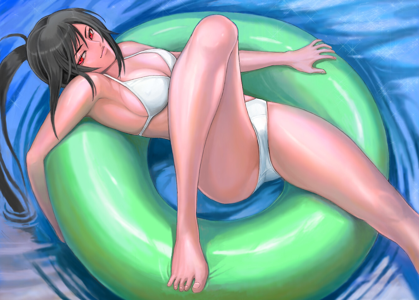 dj sakura, sakura (beatmania iidx), beatmania iidx, bemani, 1girl, bikini, female focus, innertube, long hair, ponytail, red eyes, solo, swim ring, swimsuit, water, white bikini