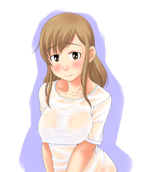 toshifumi, toudou shimako, maria-sama ga miteru, 00s, blush, brown eyes, brown hair, long hair, smile, solo, wet, wet clothes