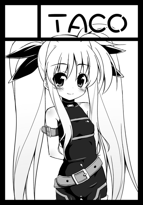 sw (taco), fate testarossa, fate testarossa (sonic form), lyrical nanoha, mahou shoujo lyrical nanoha, 00s, 1girl, belt, belt skirt, black border, border, circle cut, cowboy shot, female focus, greyscale, long hair, monochrome, solo, very long hair