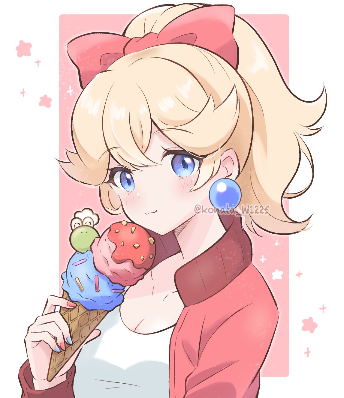 konata w1225, princess peach, princess peach (touring), mario (series), mario kart, mario kart world, nintendo, highres, 1girl, blonde hair, blue eyes, blush, bow, breasts, cleavage, closed mouth, earrings, hair bow, holding, holding ice cream cone, ice cream cone, jacket, jewelry, long hair, looking at viewer, open clothes, open jacket, pink bow, pink jacket, ponytail, shirt, smile, solo, sphere earrings, upper body