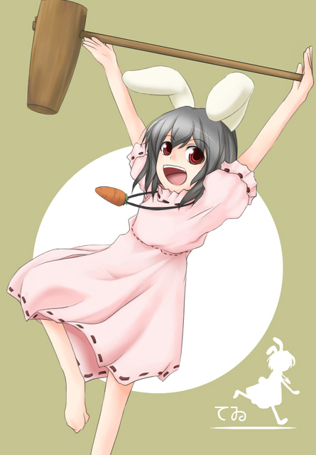 mitsuki (pixiv11671), mitsuki (toriaezu), inaba tewi, phantasmagoria of flower view, touhou, bad id, bad pixiv id, 1girl, :d, animal ears, barefoot, black hair, carrot, carrot necklace, dress, female focus, hammer, jewelry, looking at viewer, necklace, open mouth, pink dress, puffy short sleeves, puffy sleeves, rabbit ears, red eyes, short sleeves, smile, solo
