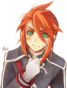 luke fon fabre, tales of (series), tales of the abyss, lowres, 00s, 1boy, blush, male focus, nervous, official alternate costume, red hair, simple background, solo