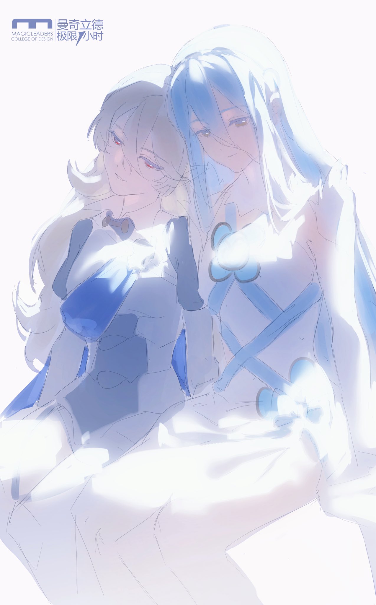 yun (dl2n5c7kbh8ihcx), azura (fire emblem), female corrin (fire emblem), fire emblem, fire emblem fates, nintendo, highres, 2girls, armor, armored leotard, blue cape, blue hair, breasts, cape, closed mouth, cousins, dress, elbow gloves, gloves, grey hair, hair between eyes, leotard, long hair, multiple girls, parted lips, red eyes, simple background, small breasts, smile, thighhighs, very long hair, white background, white dress, yellow eyes