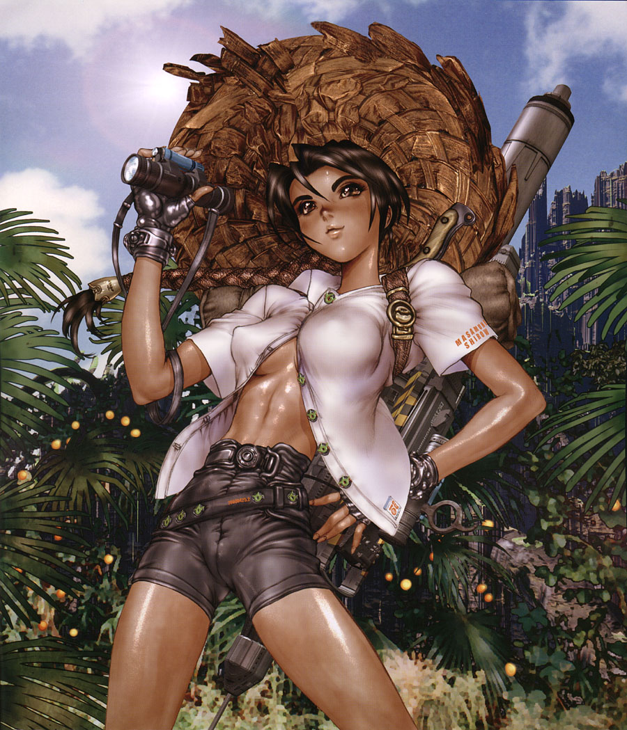 shirou masamune, 1girl, angelstar, blouse, brown hat, cameltoe, clothes writing, dark-skinned female, dark skin, explorer, female focus, hair between eyes, hat, jungle, knife, long hair, low-tied long hair, m1 bazooka, midriff, nature, no bra, plant, rocket launcher, shiny skin, shirt, skin tight, solo, weapon, white shirt