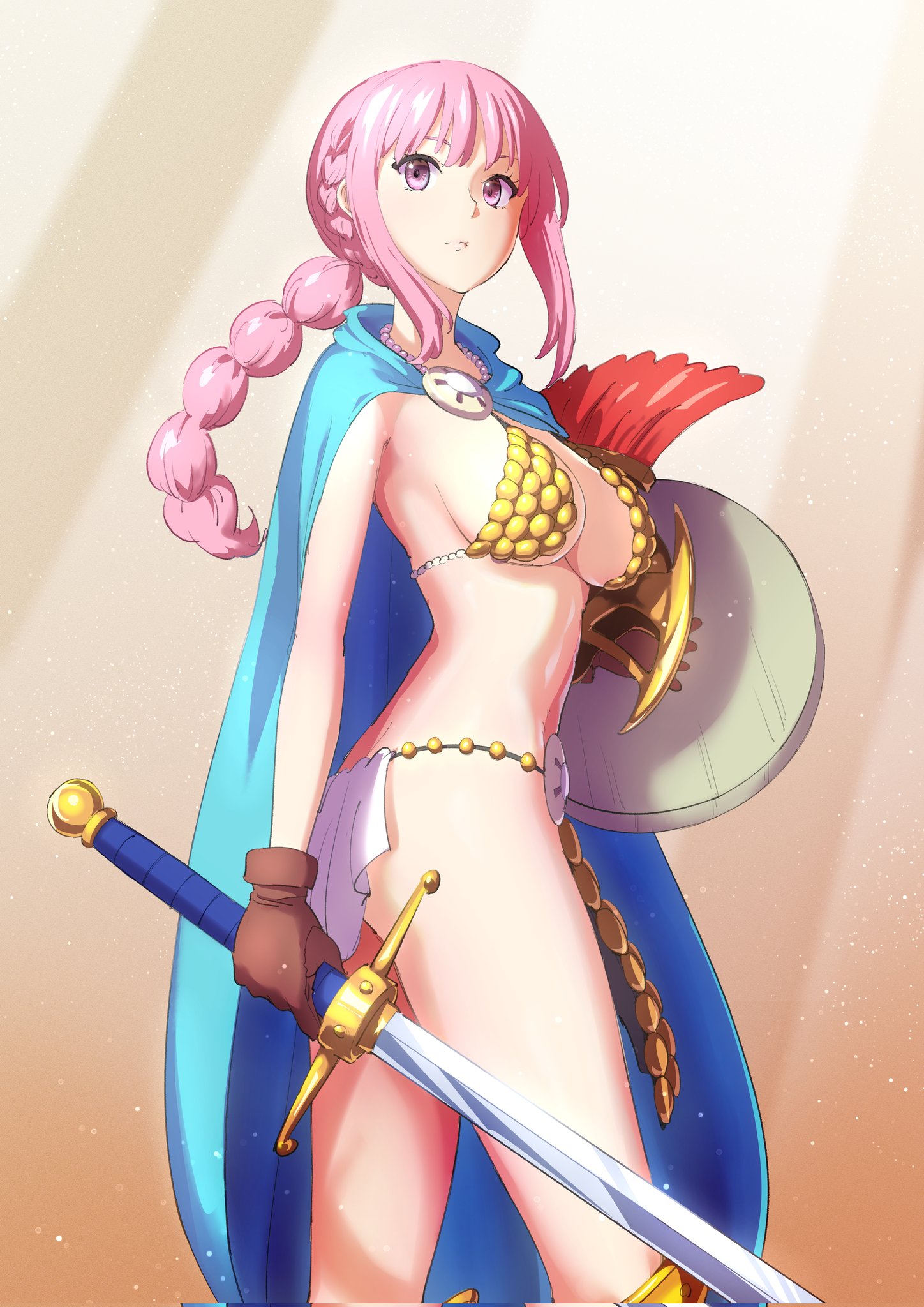 buruu4000, rebecca (one piece), one piece, commentary, highres, symbol-only commentary, 1girl, armor, armored boots, bikini armor, blue cape, boots, braid, braided ponytail, breasts, cape, feet out of frame, from side, helmet, holding, holding shield, holding sword, holding weapon, long hair, medium breasts, pelvic curtain, pink eyes, pink hair, revealing clothes, shield, solo, sword, unworn headwear, unworn helmet, weapon
