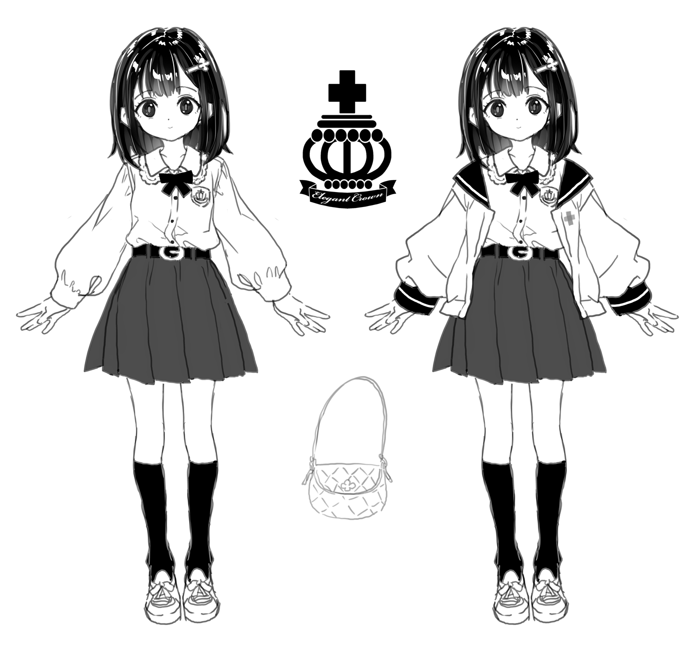 mudou eichi, original, highres, 1girl, belt, black eyes, black hair, black socks, bow, bowtie, hair ornament, jacket, open clothes, school uniform, serafuku, shoes, short hair, sneakers, socks, solo, white background, white shoes