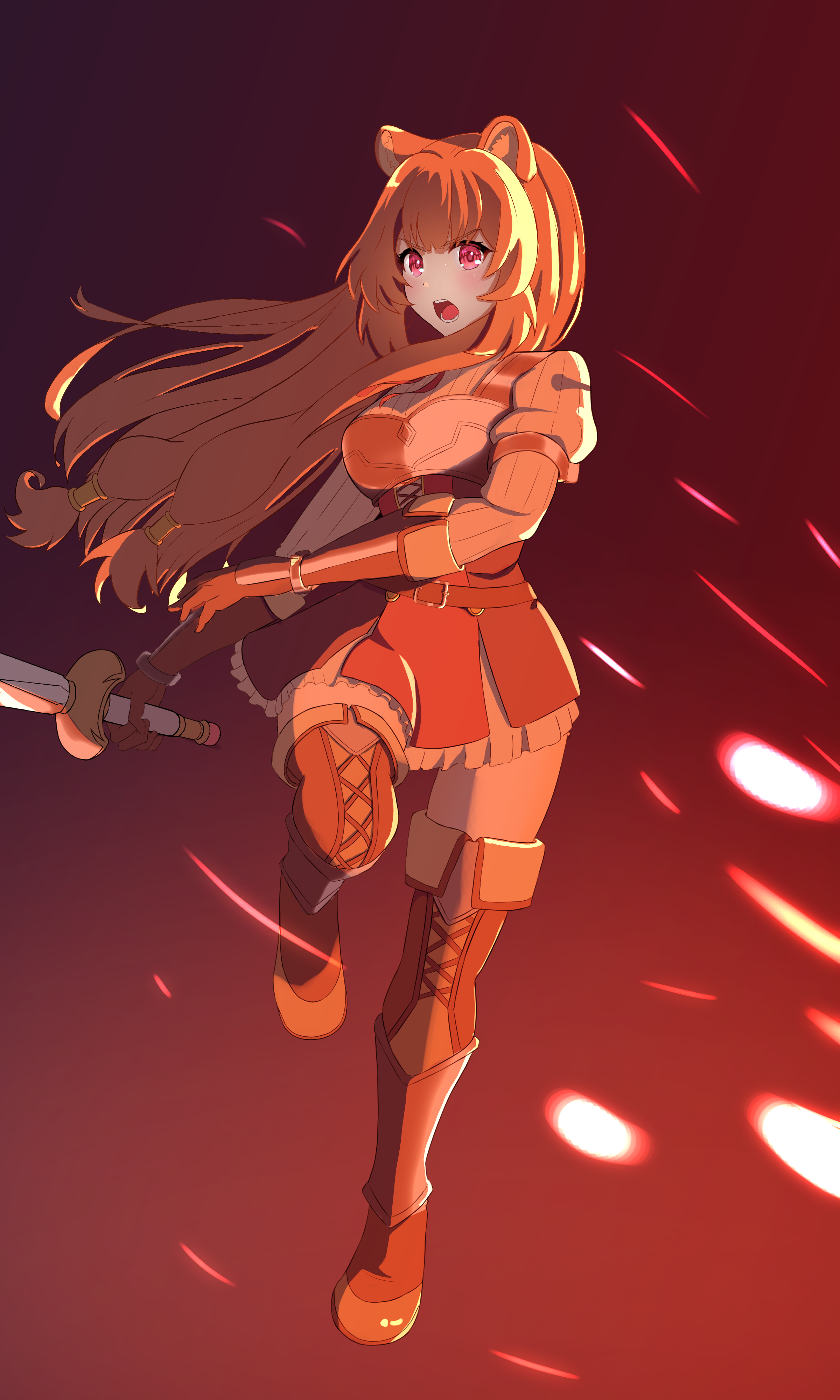 raphtalia, tate no yuusha no nariagari, absurdres, commentary request, highres, 1girl, animal ear fluff, animal ears, armor, armored boots, belt, black background, black dress, boots, breastplate, breasts, brown belt, brown boots, brown gloves, brown hair, dress, elbow gloves, full body, gloves, gradient background, holding, holding sword, holding weapon, leg up, long hair, long sleeves, medium breasts, metal arm cuffs, metal hair tubes, metal wrist cuffs, neck ribbon, open mouth, pink eyes, pinstripe dress, pinstripe pattern, raccoon ears, raccoon girl, red background, red dress, red light, red ribbon, red theme, ribbon, short dress, sleeveless, sleeveless dress, solo, standing, standing on one leg, straight hair, sword, teeth, thigh boots, thighhighs, thighs, tihuyu2829, tongue, two-tone dress, weapon, white dress, zettai ryouiki