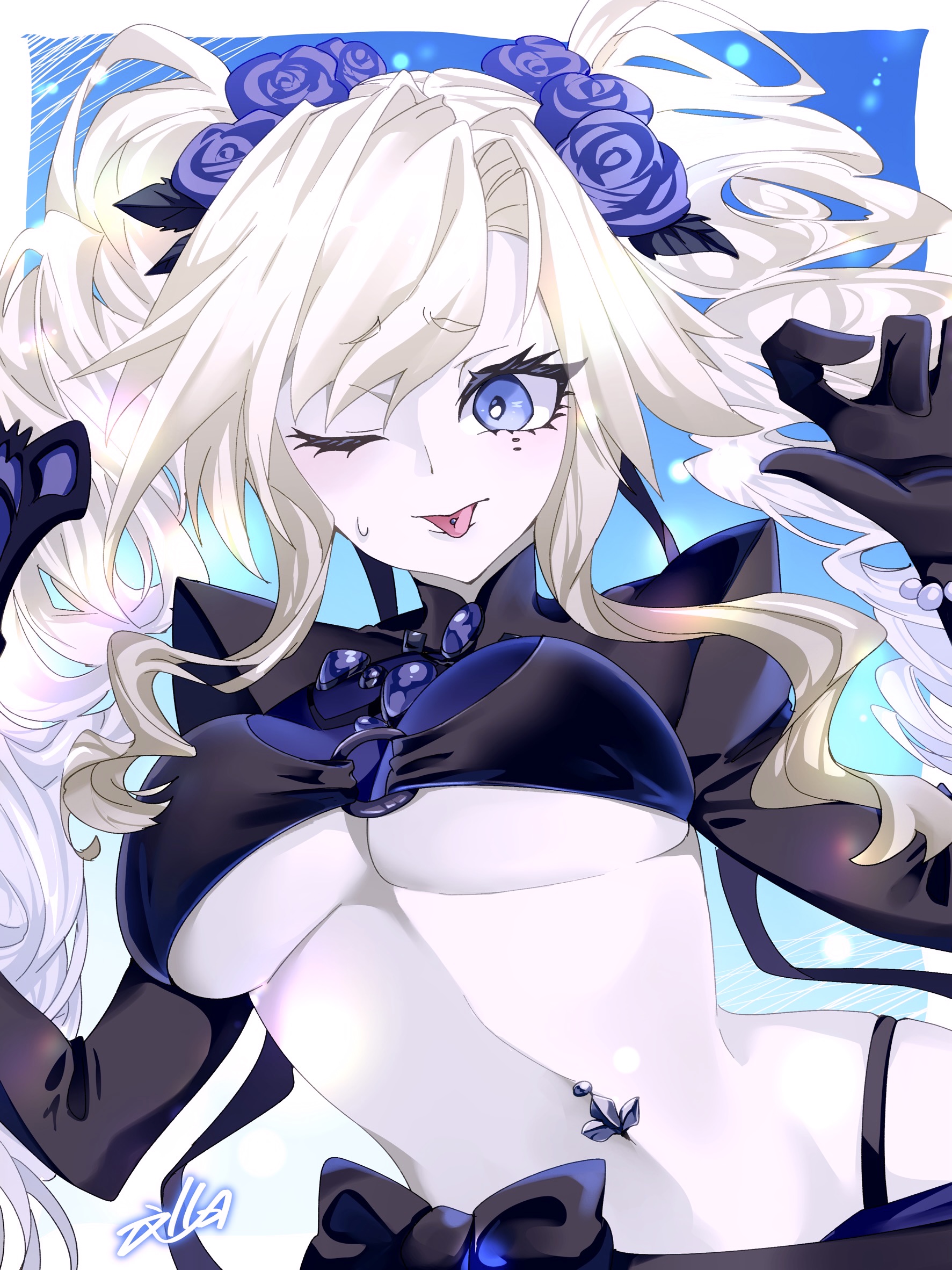 fumizuki kazuhito, kriemhild (fate), kriemhild (swimsuit rider) (first ascension) (fate), fate/grand order, fate (series), commentary, highres, 1girl, blue eyes, blue flower, blue rose, bracelet, breasts, flower, hair flowing over, jewelry, kriemhild (swimsuit rider) (fate), light blush, medium breasts, mole, mole under eye, multiple moles, navel piercing, one eye closed, pearl bracelet, piercing, rose, signature, solo, swimsuit, tongue piercing, twintails, underboob, white hair