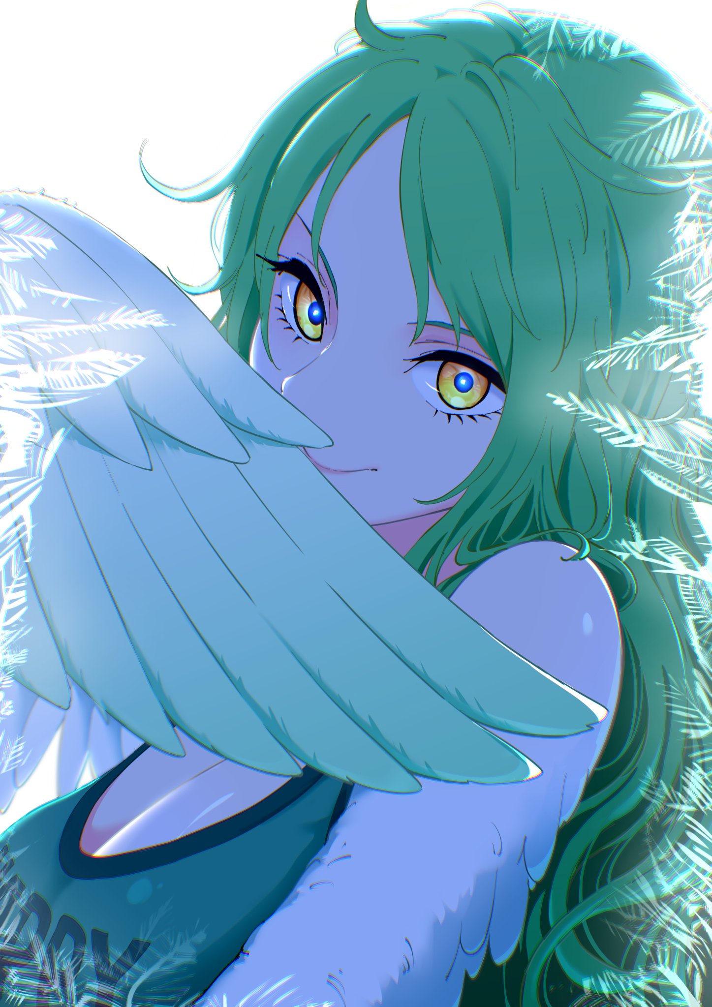 buruu4000, monet (one piece), one piece, commentary, highres, symbol-only commentary, 1girl, breasts, cleavage, closed mouth, feathered wings, green hair, green tank top, harpy, large breasts, long hair, looking at viewer, monster girl, smile, solo, tank top, upper body, wavy hair, white background, winged arms, wings, yellow eyes