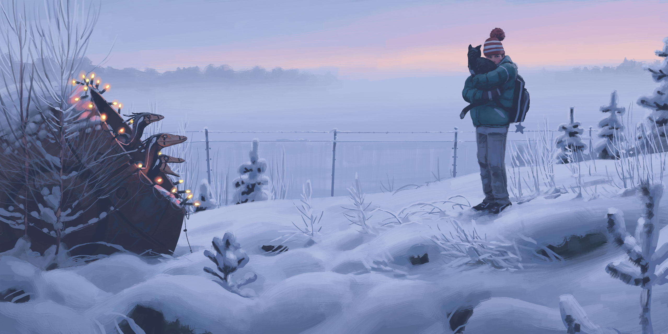 simon stalenhag, tuxedo cat, highres, animal, bare tree, beanie, cat, christmas lights, coat, dinosaur, gloves, green coat, hat, holding, holding animal, holding cat, long sleeves, outdoors, pants, power lines, shoes, sky, snow, standing, star (symbol), things from the flood, tree, utility pole