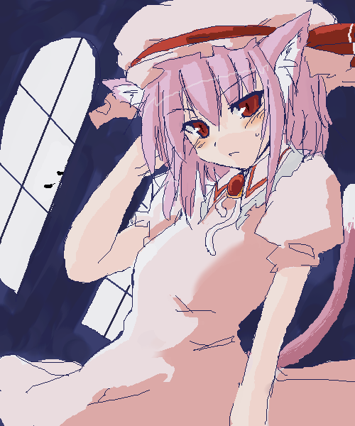 remilia scarlet, touhou, 1girl, animal ears, dress, female focus, hat, indoors, oekaki, solo, tail, white hat