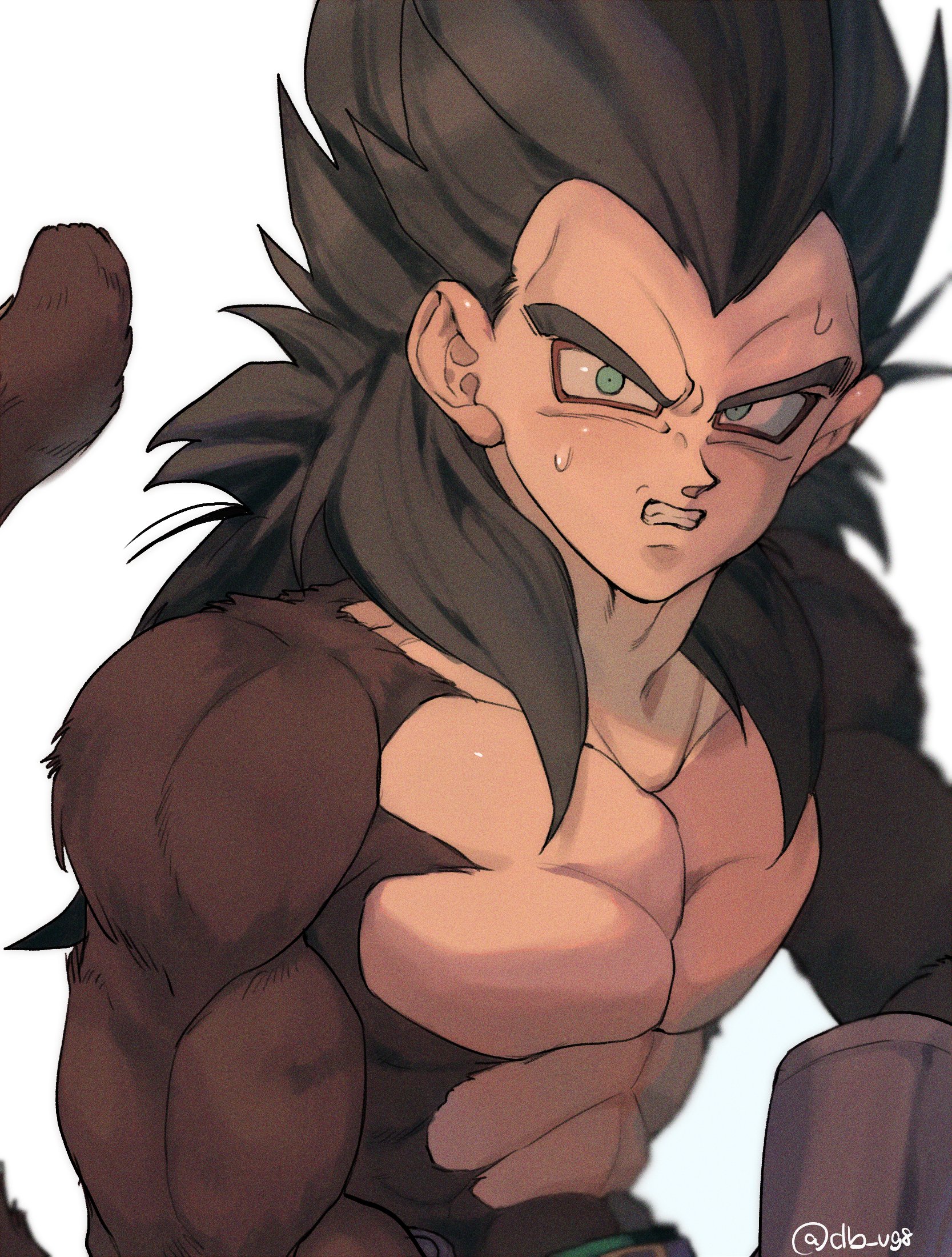 db vg8, vegeta, dragon ball, dragon ball gt, highres, 1boy, black hair, body fur, long hair, male focus, monkey tail, muscular, muscular male, red fur, red tail, simple background, solo, spiked hair, super saiyan, super saiyan 4, tail, topless male, twitter username, upper body, white background