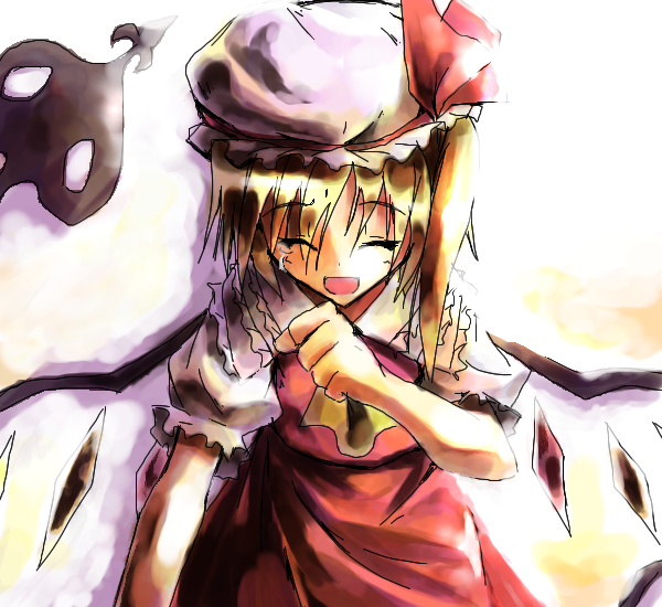 sorano eika, flandre scarlet, touhou, 1girl, blouse, female focus, hat, mob cap, oekaki, shirt, solo, standing, tears, white background, white hat, white shirt