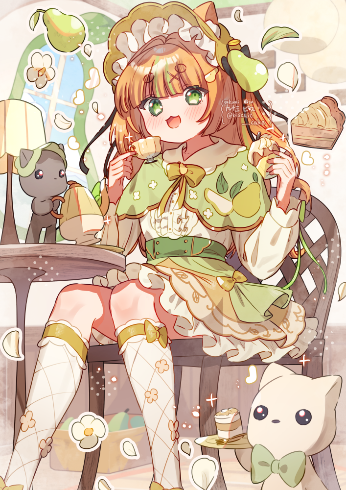tsukumi bis, original, commentary, symbol-only commentary, 1girl, :3, :d, animal ear fluff, animal ears, bow, bowtie, cake, cake slice, capelet, cat, cat ears, cat girl, center frills, chair, cup, cupcake, feet out of frame, food, frilled skirt, frills, fruit, green bow, green bowtie, green capelet, green eyes, green hat, green skirt, hat, holding, holding cup, holding food, kneehighs, long hair, long sleeves, looking at viewer, open mouth, orange hair, parted lips, pear, shirt, sitting, skirt, smile, socks, solo, table, teacup, thick eyebrows, watermark, white shirt, white socks