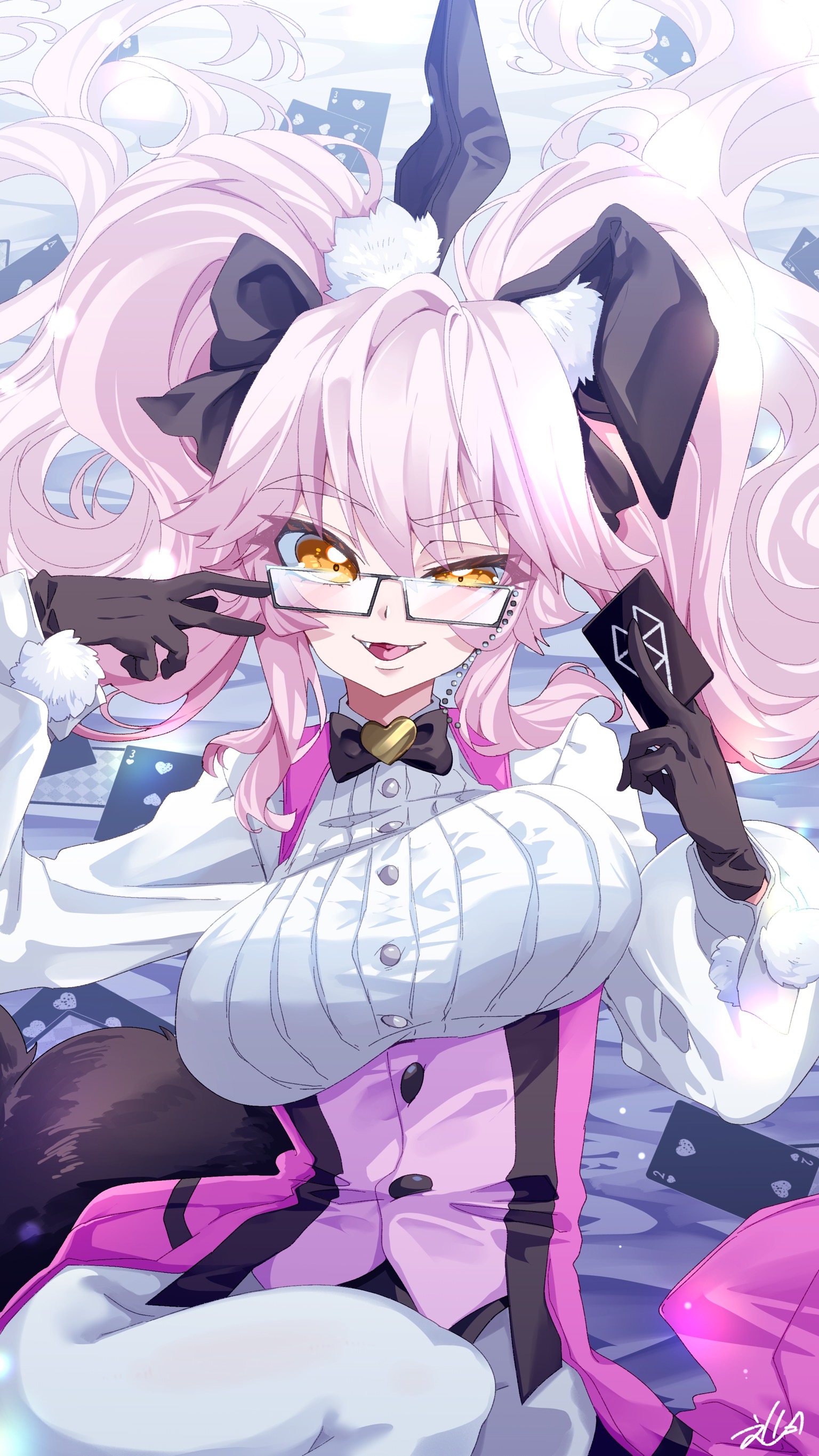 fumizuki kazuhito, koyanskaya (assassin) (second ascension) (fate), koyanskaya (fate), fate/grand order, fate (series), absurdres, commentary, highres, 1girl, animal ear fluff, animal ears, between fingers, black gloves, black ribbon, breasts, bunny day, card, card between fingers, fangs, glasses, gloves, hair ribbon, half-closed eye, holding, large breasts, leotard, looking at viewer, open mouth, pantyhose, pink hair, playboy bunny, rabbit ears, ribbon, shirt, signature, smile, solo, twintails, white pantyhose, white shirt, yellow eyes