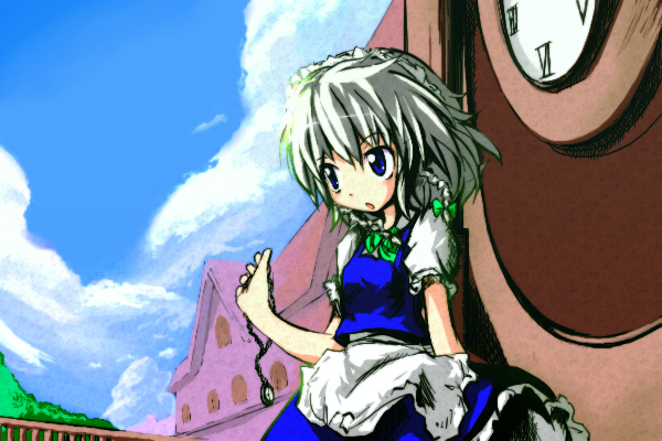 neki-t, izayoi sakuya, touhou, silver hair, 1girl, braid, female focus, short hair, solo, twin braids