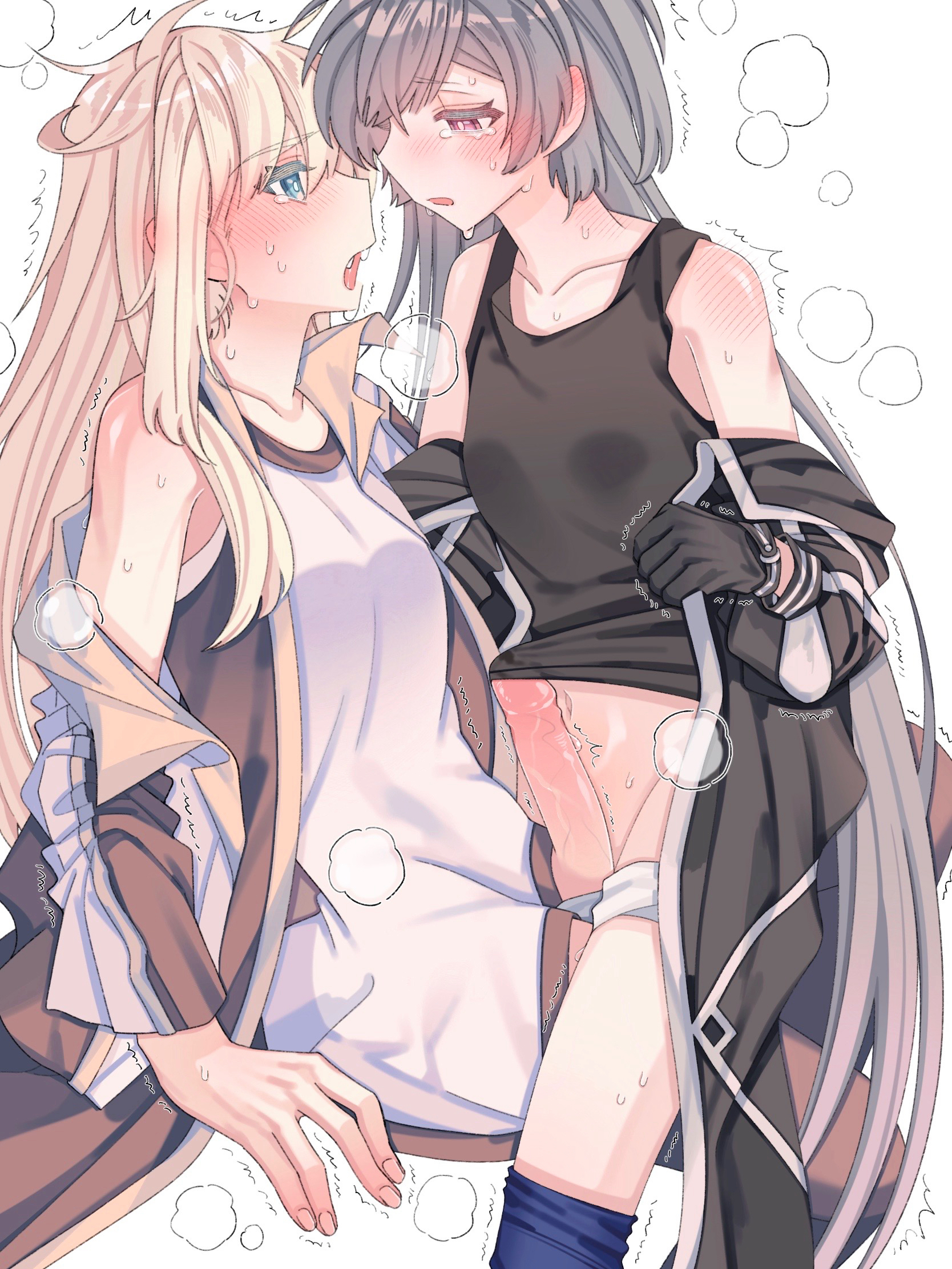 emptyayya, sky striker ace – raye, sky striker ace – roze, yu-gi-oh!, highres, 2girls, blue eyes, blush, breasts, collarbone, dress, duel monster, erection, eye contact, futa with female, futanari, gloves, grinding, jacket, long hair, looking at another, multiple girls, navel, open mouth, penis, purple eyes, simple background, sleeveless, sleeveless dress, small breasts, sweat, tears, very long hair, white background