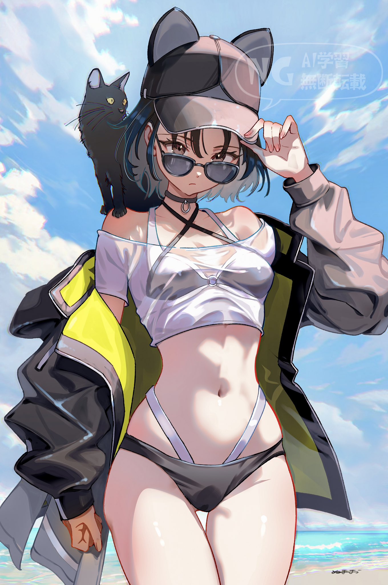 numao sub, fate/grand order, fate (series), character request, commentary request, highres, 1girl, animal, animal ear headwear, animal ears, animal on shoulder, beach, bikini, black bikini, black cat, black hair, black hat, black jacket, blue sky, breasts, brown eyes, cat, cat ears, choker, cloud, cowboy shot, crop top, fake animal ears, hat, jacket, jacket partially removed, looking at viewer, midriff, multicolored bikini, narrow waist, navel, o-ring, o-ring bikini, o-ring choker, off-shoulder shirt, off shoulder, shirt, short hair, sky, small breasts, solo focus, swimsuit, water, wet, wet clothes, wet shirt, white bikini, white shirt, white straps, yellow trim
