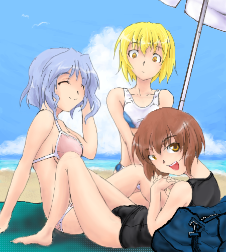 lunasa prismriver, lyrica prismriver, merlin prismriver, touhou, lowres, 3girls, ^ ^, beach, bikini, black one-piece swimsuit, blonde hair, blue hair, brown hair, closed eyes, day, female focus, multiple girls, oekaki, one-piece swimsuit, outdoors, pink bikini, school swimsuit, short hair, siblings, sisters, swimsuit