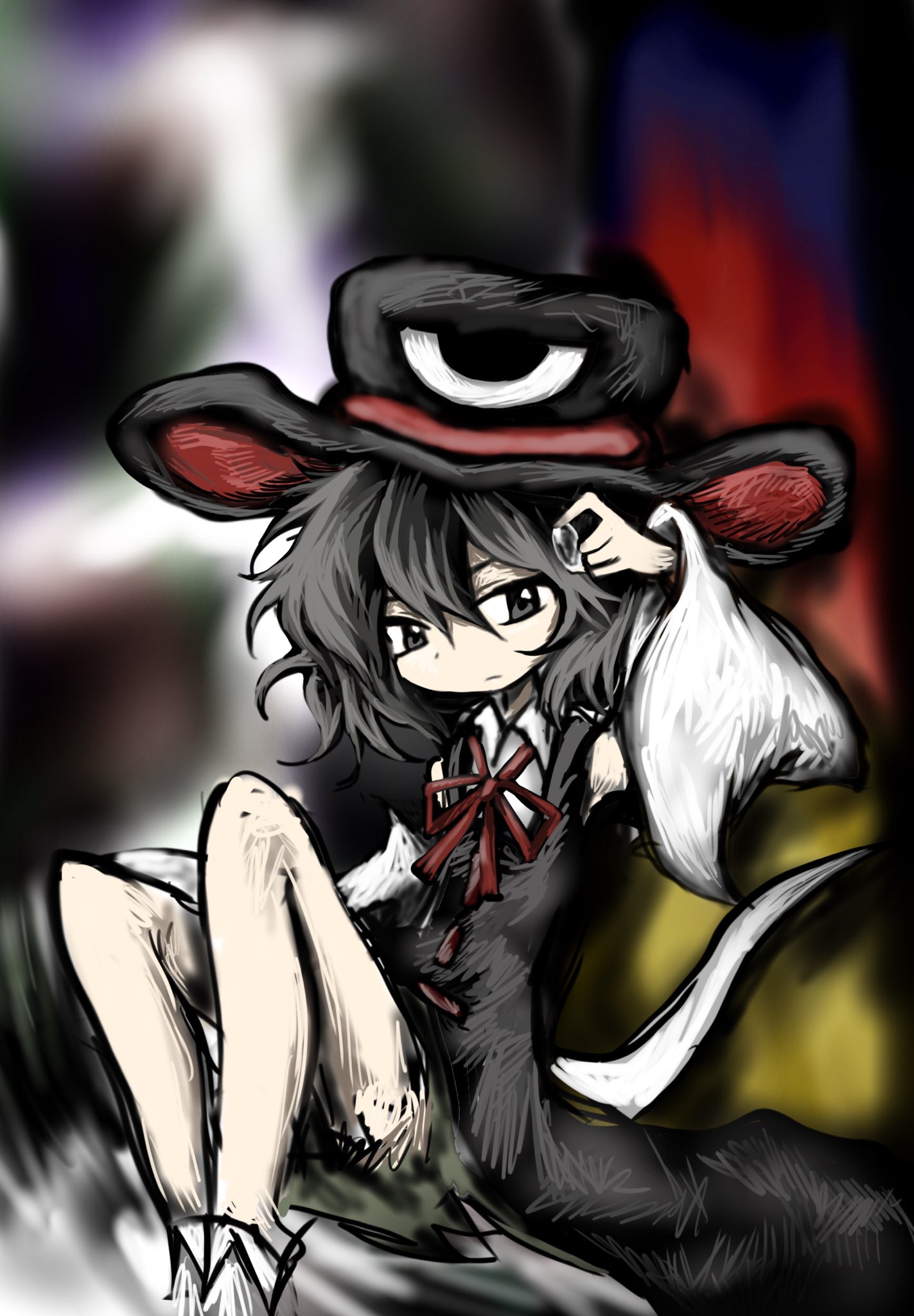 renlei jing shi wo ziji, enraku tsubakura, len'en, chinese commentary, commentary request, highres, 1other, androgynous, bare shoulders, black coat, black hair, black hat, blurry, blurry background, closed mouth, coat, coattails, collared shirt, colorful background, detached sleeves, dot nose, expressionless, eye of senri, full body, hair between eyes, hat, holding, knees up, light frown, long sleeves, looking at object, neck ribbon, official style, other focus, red hat, red ribbon, ribbon, ribbon-trimmed coat, ribbon trim, shirt, short hair, sitting, sleeveless, sleeveless coat, sleeveless shirt, solo, top hat, two-sided fabric, two-sided headwear, white shirt, white sleeves, wide sleeves
