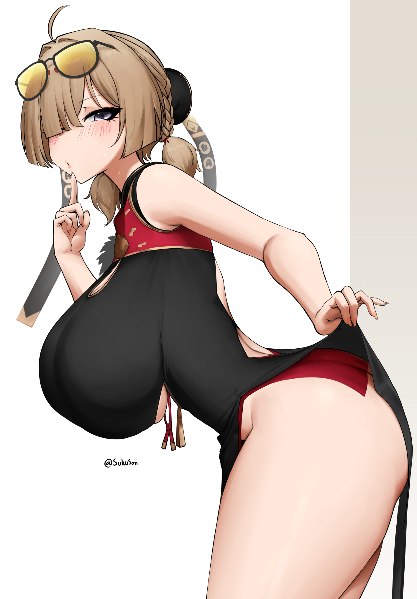 mivioppai, sweety (zenless zone zero), zenless zone zero, highres, 1girl, ahoge, ass, back cutout, bare shoulders, black-framed eyewear, black dress, blonde hair, blush, braid, breasts, bun cover, china dress, chinese clothes, cleavage cutout, clothes lift, clothing cutout, dress, dress lift, eyewear on head, from side, gold trim, grey eyes, hair bun, hair over one eye, huge breasts, looking at viewer, open mouth, pelvic curtain, short hair, short twintails, simple background, solo, sunglasses, thighs, tinted eyewear, twintails, twitter username, underboob, underboob cutout, yellow-tinted eyewear