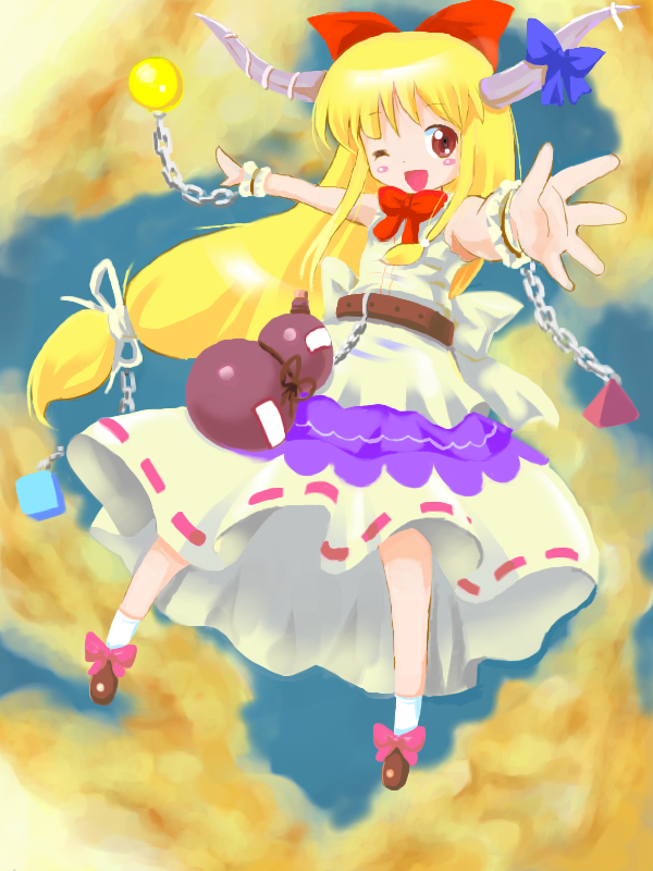 michii yuuki, ibuki suika, touhou, 1girl, ;d, belt, blush, blush stickers, bow, bowtie, brown eyes, buckle, chain, cuffs, dress, female focus, gourd, hair bow, horns, layered dress, long hair, looking at viewer, looking back, one eye closed, oni, open mouth, orange hair, outstretched arms, red bow, red bowtie, shackles, smile, solo, tareme, white dress, wink, wrist cuffs