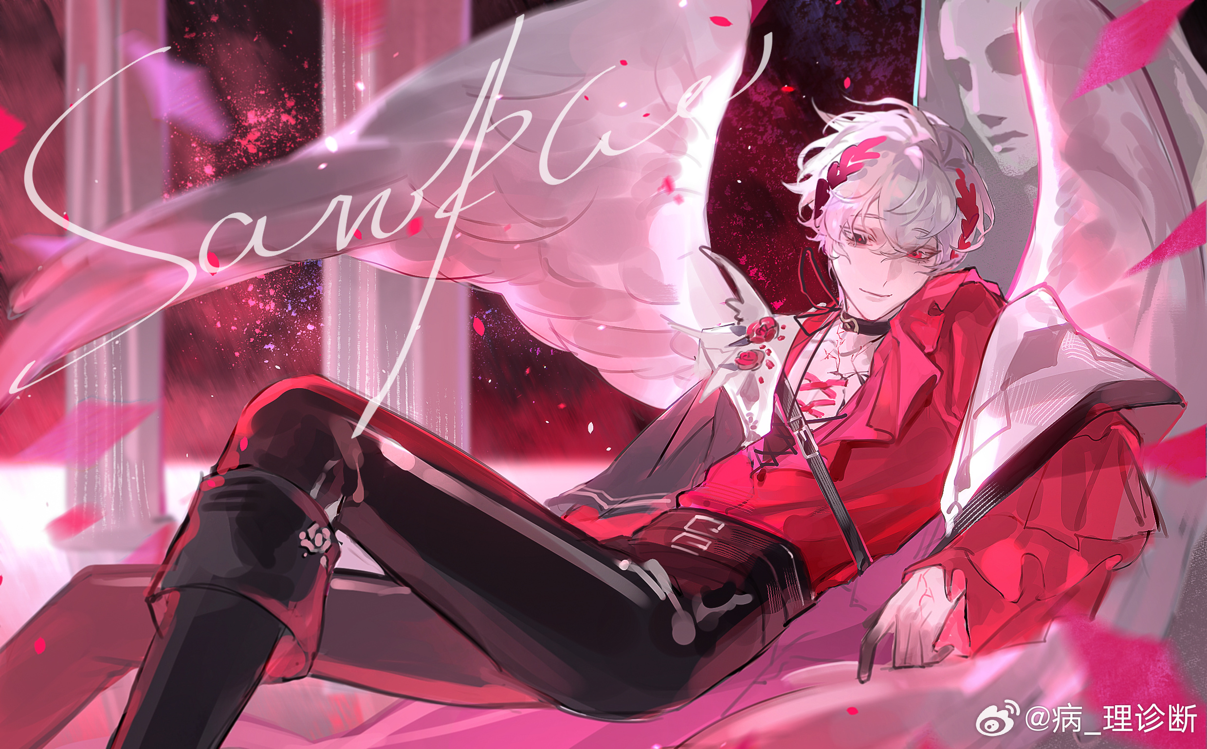 pathologicaldiagnosis, original, chinese commentary, highres, 1boy, angel wings, bandaid on chest, belt, black belt, black boots, black choker, black eyes, black hands, black pants, boots, bright pupils, cape, choker, closed mouth, colored extremities, corsage, cracked skin, cross-laced clothes, cross-laced top, falling petals, feathered wings, feet out of frame, fold-over boots, frilled shirt, frills, gradient skin, hair between eyes, heterochromia, knee boots, laurel crown, leaning on object, long sleeves, mismatched pupils, multiple belts, pants, petals, pillar, pink eyes, pink pupils, plunging neckline, puffy long sleeves, puffy sleeves, reclining, red shirt, red sky, sample watermark, shirt, short hair, sky, smile, solo, star (sky), starry sky, statue, watermark, weibo watermark, white cape, white hair, white wings, wings