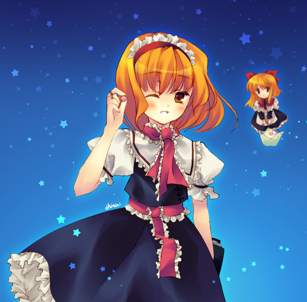 shinia, alice margatroid, shanghai doll, touhou, 1girl, ;d, apron, black dress, blonde hair, capelet, collar, doll, dress, female focus, flying, frills, hairband, looking at viewer, one eye closed, open mouth, orange eyes, puffy short sleeves, puffy sleeves, short hair, short sleeves, size difference, smile, solo, waist apron