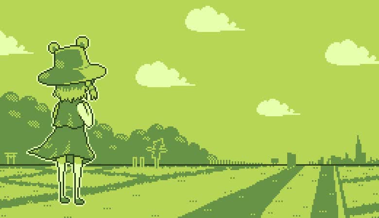 onigashira ginkaku, moriya suwako, touhou, animated, looping animation, tagme, ugoira, video, 1girl, 2018, cloud, facing away, field, full body, game boy, green theme, handheld game console, hat, monochrome, outdoors, pixel art, scarecrow, shirt, short hair, skirt, skyline, solo, standing, thighhighs, torii, vest, wind