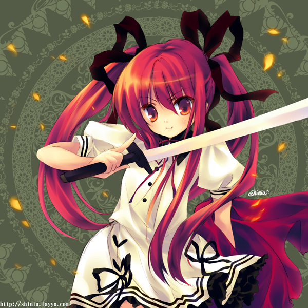shinia, shana, shakugan no shana, 00s, hair ribbon, long hair, red eyes, red hair, ribbon, solo, sword, twintails, weapon